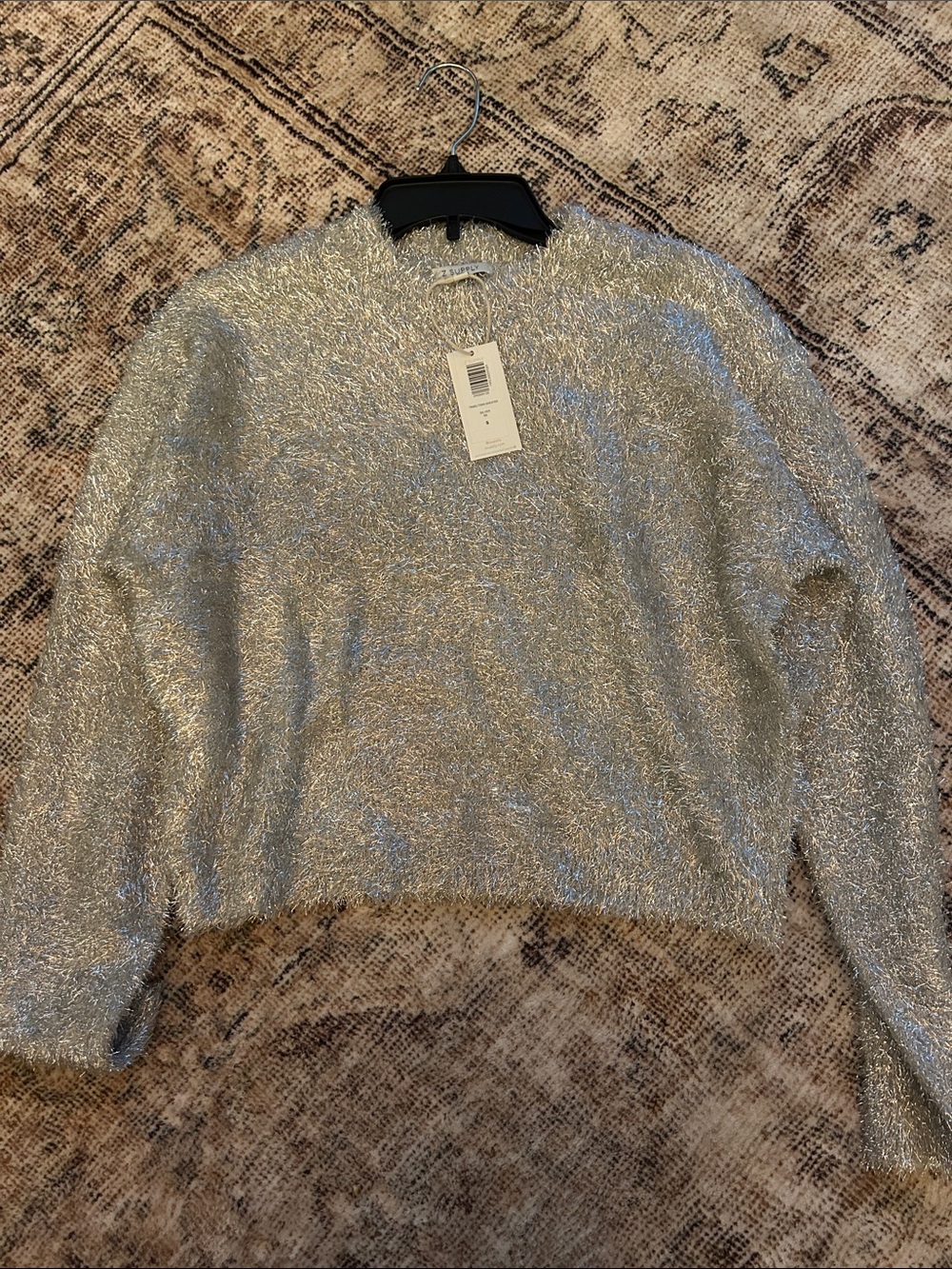 Metallic Silver Crewneck Fuzzy Pullover Sweater